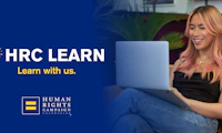 Photo of woman with pink hair using a laptop on the right with the image of a lightbulb next to text that reads "HRC LEARN" with smaller text below that reads "Learn with us" and the HRC equality logo below that.