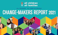 Collage of a diverse group of families in a geometric pattern. HRC equality logo with the text "all children all families" next to it. Below is text that reads "ALL CHILDREN - ALL FAMILIES REPORT" in all caps with another line of text below that reads "CHANGE-MAKERS REPORT 2021" in all caps.