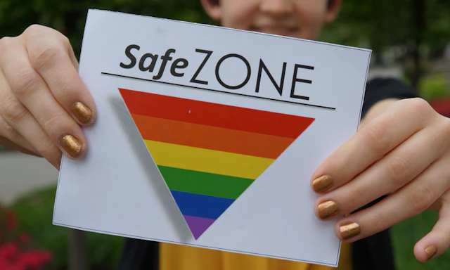 Image of person holding a sign featuring an upside-down triangle with rainbow bars. Text above triangle reads "Safe ZONE"