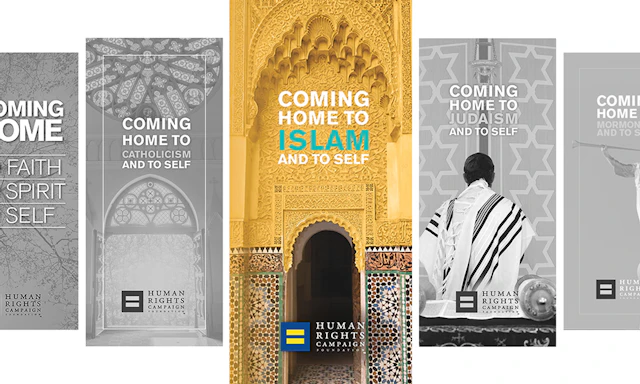 Image of five covers of the HRC coming home to guides with the Coming Home to Islam and to Self in the center in color with the other covers in black and white.