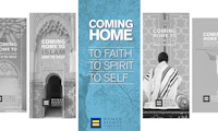 Image of five covers of the HRC coming home to guides with the Coming Home: To Faith, To Spirit, To Self in the center in color with the other covers in black and white.