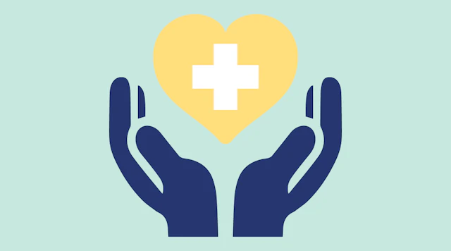 Illustrated graphic of open hands cupping a heart with the hospital cross on the heart.