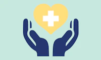 Illustrated graphic of open hands cupping a heart with the hospital cross on the heart.