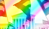 Photo of Supreme Court with rainbow overlay