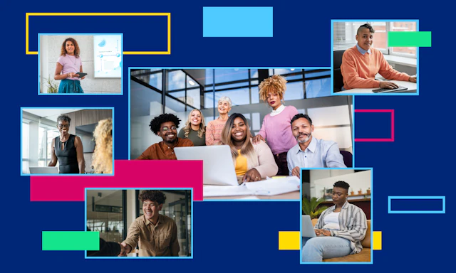 Collage of images featuring a diverse selection of individuals with rectangular graphic details around them.