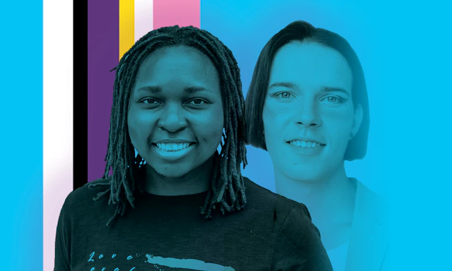 Image of two people one Black and one white with a blue color treatment.