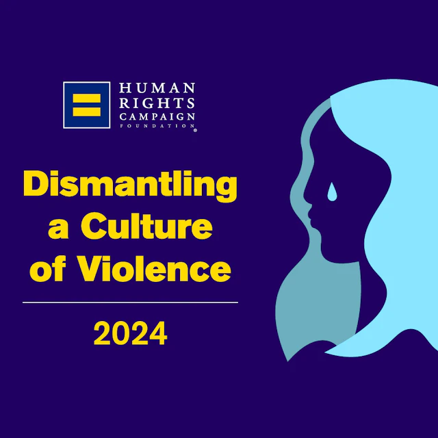 Graphic with the text 'Dismantling a Culture of Violence' in bold yellow, featuring the Human Rights Campaign Foundation logo and silhouettes of two crying women in blue and pink against a dark purple background.