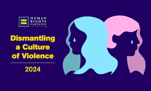 Graphic with the text 'Dismantling a Culture of Violence' in bold yellow, featuring the Human Rights Campaign Foundation logo and silhouettes of two crying women in blue and pink against a dark purple background.