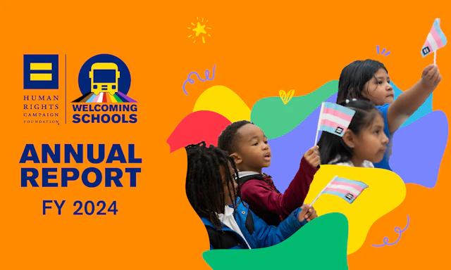 Young children in school hold trans flags. The HRC and Welcoming Schools logos are to the left. The background is orange.