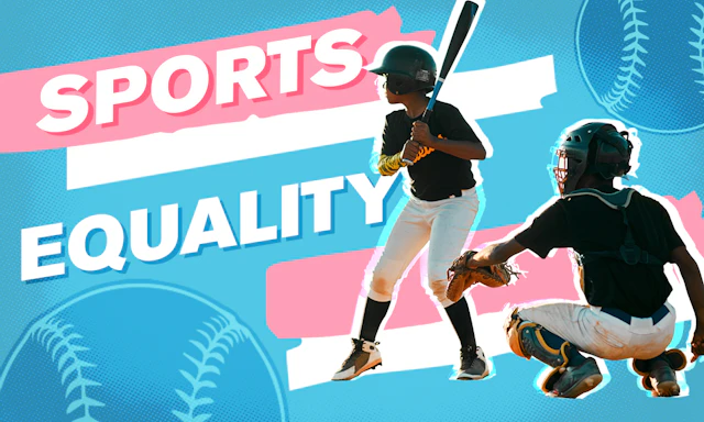 Kids playing baseball. Catcher and hitter with trans pride colors behind and text that reads "SPORTS EQUALITY" in all caps.