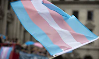 A waving flag with trans colors in the order of blue, pink, white, pink, blue being held by someone we can't see in a crowd in front of a building.
