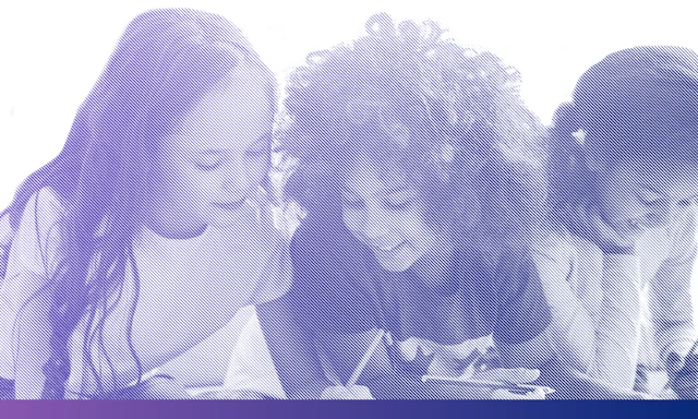 Group of three young people looking down at something with a blue color treatment.
