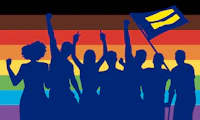 Progressive Rainbow flag with silohuettes of people in HRC navy waving the HRC flag
