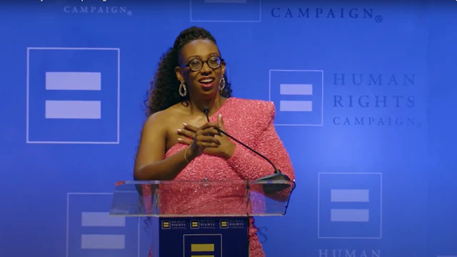 Kelley Robinson HRC's president gives a speech at 2023 LA dinner.