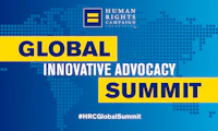 Image of the world map with the HRC equality logo at top and text overlay below that reads "GLOBAL INNOVATIVE ADVOCACY SUMMIT" in all caps with smaller text along the bottom that reads "#HRCGlobalSummit"