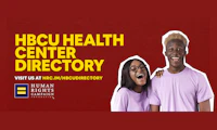 Two black college age people to the right wearing light pink t-shirts with text on the left that reads "HBCU HEALTH CENTER DIRECTORY" in all caps with small text below that reads "Visit us at HRC.im/HBCUdirectory