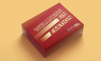 Red box with gold lettering that reads "WELLNESS IN ACTION" in all caps with the HRC equality logo in the bottom right corner of the box.