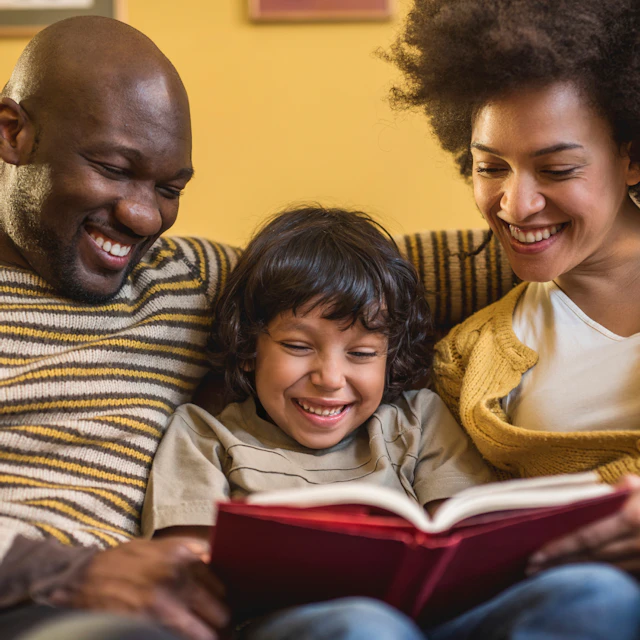Parents reading a book with their child.